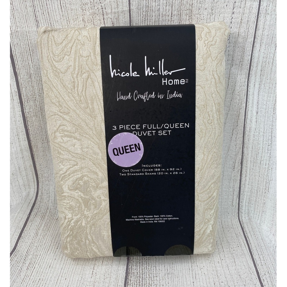 Nicole Miller Home Duvet Set Queen Full Cream Marble Jacquard Champagne Modern
